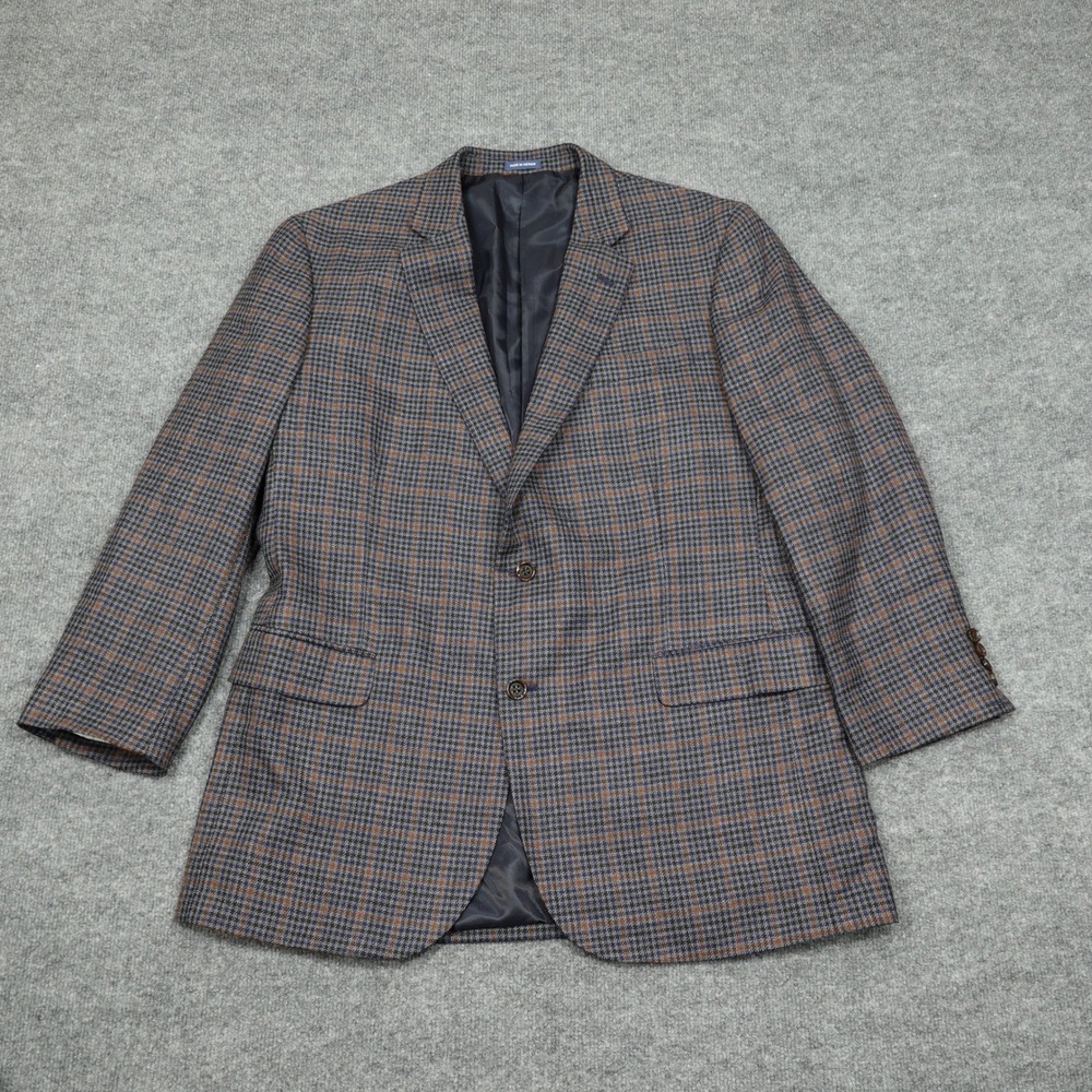Stafford Sport Coat Mens 46 Long Blue Brown Houndstooth Merino Wool Classic Fit
